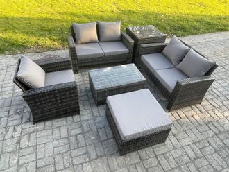 Fimous Wicker Rattan Garden Furniture Sofa Set with Rectangular Coffee Table Double Seat Sofa Chair Big Footstool Side Table 6 Seater Rattan Set