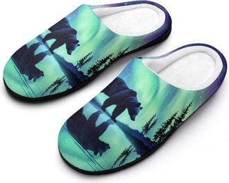 Generic Bear Northern Lights Print Womens Slippers Warm House Slippers Indoor House Shoes with Anti-Skid Rubber Sole