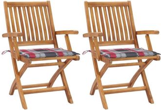 vidaXL Vidaxl - Sillas De Jard&iacute;n 2 Uds Madera Teca Con Cojines A Cuadros Rojos