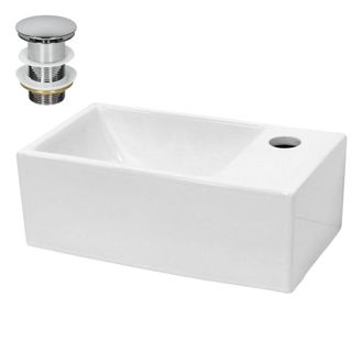 ECD Germany Lavabo blanco rectangular de cer&aacute;mica con desag&uuml;e plateado 350