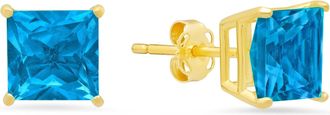 MAX + STONE 14k Yellow Gold Solitaire Princess-Cut Gemstone Stud Earrings (7mm)