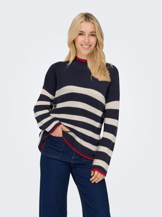 Only Strickpullover ONLY ONLKATIA LS RIB HIGHNECK CC KNT, Damen, Gr. L, weiss (night sky stripes:wei&szlig;cap grau, salsa), Strick, Obermaterial: 50% Viskose, 2