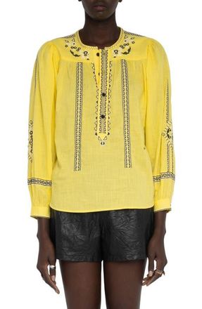 Zadig&Voltaire Tigy Long Sleeve Embroidered Cotton Top in Banana at Nordstrom, Size X-Small