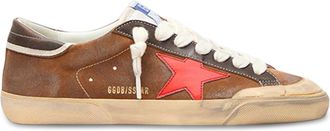 Golden Goose Distressed Brown Leather Sneakers with Red Star Accent