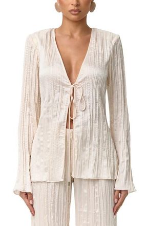 Naked Wardrobe Pliss&eacute; Tie Front Satin Top in Crema at Nordstrom, Size X-Large