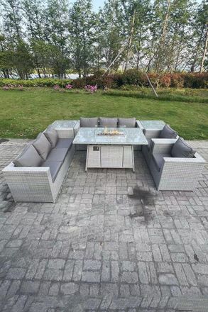 Fimous Rattan Fire Pit Garden Furniture Set Gas Heater Burner Lounge Sofa Dining Set 2 Side Coffee Table in Light Grey