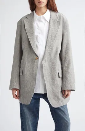R13 Oversize Ragged Stripe Virgin Wool & Linen Blazer in Light Grey Stripe at Nordstrom, Size X-Small