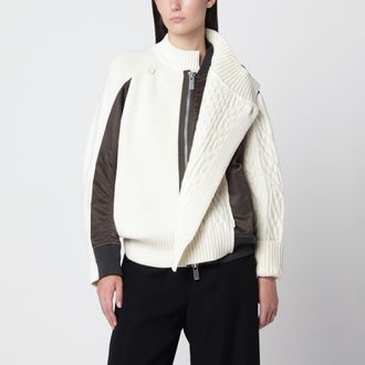 sacai Maglione bianco/verde kaki in lana e nylon