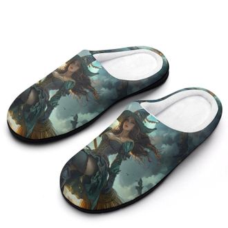 Generic Witch Flying with A Broomstick Womens Slippers Warm House Slippers Indoor House Shoes with Anti-Skid Rubber Sole