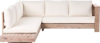 Beliani Conjunto Esquinero De Exterior Izquierdo Sof&aacute; Y Mesa Auxiliar De Madera De Acacia Certificada Blanco Crema Marettimo