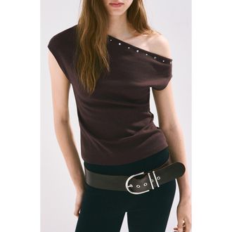 Mango Asymmetrical Studded T-Shirt in Brown at Nordstrom, Size X-Small