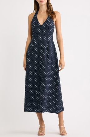Odd Muse Polka Dot Fit & Flare Halter Neck Midi Dress in Navy Polka Dot at Nordstrom, Size X-Large