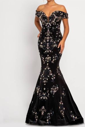 Johnathan Kayne Mesh Stretch Velvet Gown In Black