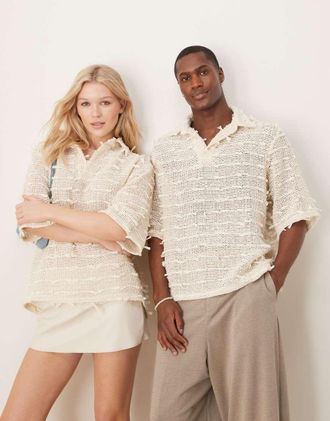 Sister Jane Sister Jane textured crochet polo shirt in ivory-White