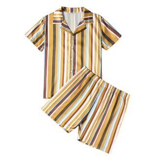 Generic Pyjamas Set For Men Shorts: Mens Shorts And Shirt Sets MenS Satin Simulation Silk Pajama Suits 2 Piece Short Sets Outfits Summer Wear Two-Piece Suits 