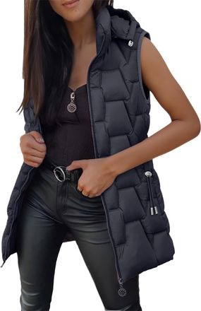 Generic Quilted Gilet for Women UK Ladies Longline Hooded Puffer Jackets Padded Sleeveless Warm Bodywarmers Vest Lightweight Cozy Waistcoat Zipper Transitiona