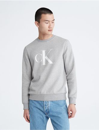 Calvin Klein Mens Monogram Logo Fleece Crewneck Sweatshirt - Grey - XS