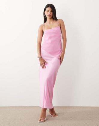 Asos Vestito lungo con spalline sottili in raso ibrido rosa-Viola
