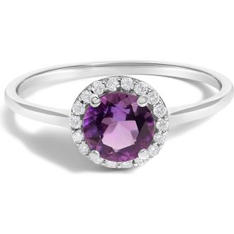 House of Brilliance 10K Gold Gemstone and 1/10 Cttw Diamond Halo Birthstone Ring in White | Purple Amethyst at Nordstrom, Size 6.5