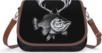 Generic Bass Fishes with Deer Antlers Crossbody Bag Womens Handbag PU Message Bags Shoulder Purse with Adjustable Strap