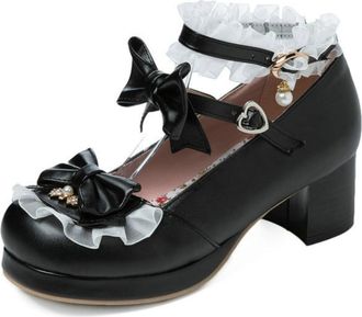 Generic Womens Sweet Mary Jane Heels Ankle Strap Lolita Pumps Bow Platform Party Shoes,Black,6.5 UK