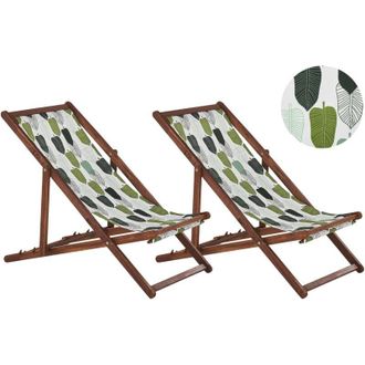 Beliani Set of 2 Folding Deck Chairs ANZIO with Replacement Fabrics Floral Motif Acacia Wood Dark Brown