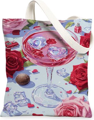 Generic Floral Canvas Tote Bags, Rose Heart Pattern Reusable Shopping Bags, Spring Vintage Lightweight Washable Shoulder Strap for, Peach, 13x15 Inch