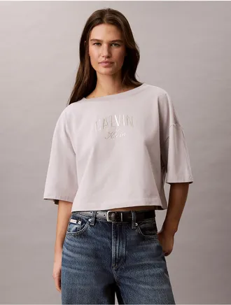 Calvin Klein Jeans Calvin Klein Womens Boxy Varsity Logo Cropped Tee - Grey - XL