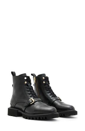 AllSaints Tori Lug Sole Combat Boot in Black/Warm Brass at Nordstrom, Size 8Us