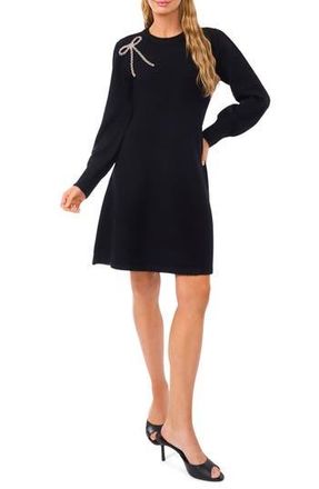 CeCe by Cynthia Steffe Beaded Bow Detail Long Sleeve Sweater Minidress in Rich Black at Nordstrom Rack, Size Large