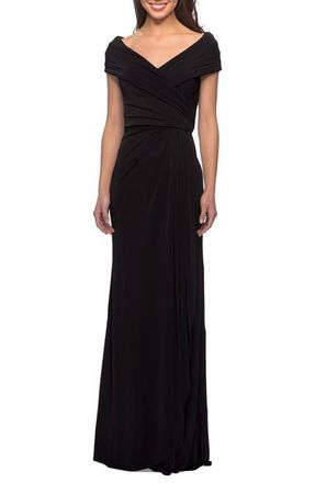 La Femme Ruched Jersey Long Gown with V-Neckline in Black at Nordstrom, Size 20