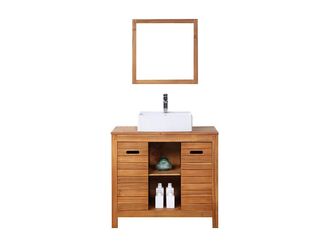 Vente-Unique Mueble de ba&ntilde;o de madera de acacia con lavabo y espejo - 90 cm - PULUKAN
