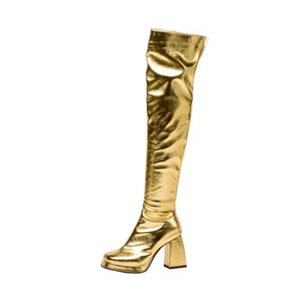 Generic Womens Metallic Shiny Over-The-Knee Boots Chunky Block Heels Platform Sole Stretch Fabric Zipper Closure Party Night Out Streetwear Fashion Statement 