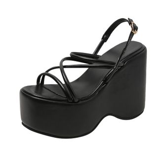 Generic Cocila Platform Sandals Ladies Fashion Summer Solid Color Leather Strap Open Toe Buckle Heel Thick Sole Black, 5 Arch Support Walking Black Wedge For 