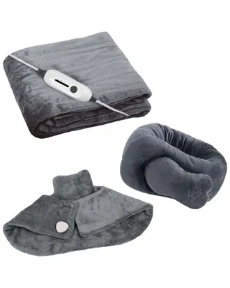 Pursonic Ultimate Cozy Comfort & Relaxation Bundle - Heated Blanket, Neck & Shoulder Heating Pad, And Massaging Wrap