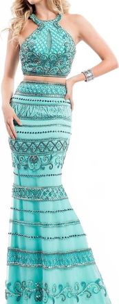 Rachel Allan Two-Piece Beaded Jersey Evening Gown In Mint
