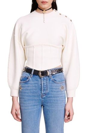Maje Crop Lantern Sleeve Corset Detail Sweater in Ecru at Nordstrom, Size 3