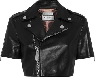 Philipp Plein Leren Cropped Biker Jack met Korte Mouwen - Dames - Leren en Su&egrave;de Jassen - Zwart - L - Leer - Jassen