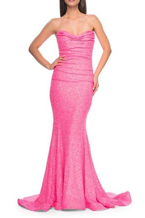 La Femme Strapless Sweetheart Mermaid Sequin Prom Gown in Neon Pink at Nordstrom, Size 10