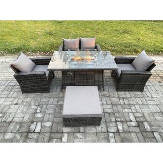 Fimous 5 Seater Outdoor Rattan Sofa Set Garden Furniture Gas Firepit Dining Table Heater with Big Footstool Dark Grey Mixed - Fimous