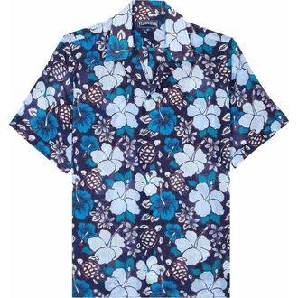 Vilebrequin Mens Bowling Linen Tropical Turtles Shirt in Minuit at Nordstrom, Size X-Large