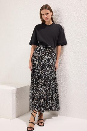 Trendyol Modest Dames Zwart Dierenprint Maxi Uitlopend rok A-lijn Modest Rokken