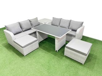 Fimous 8 Seater Rattan Outdoor Dining Table Set with Side Table 2 Big Stools in Light Grey