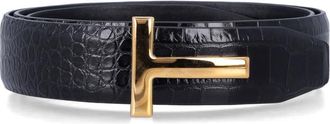 Tom Ford Black Textured Logo Buckle Belt