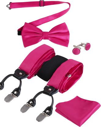 Alizeal Mens Solid Color 6 Clips Bow Tie and Braces, Handkerchief, Cufflinks Set-Hot Pink