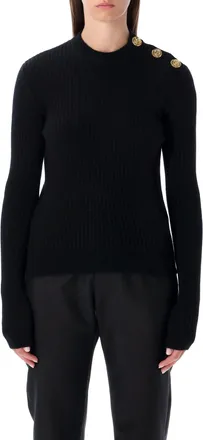 Balmain Womens Black Ribbed Wool Sweater With Gold Buttons Cashmere - Size EU 38 (Womens)