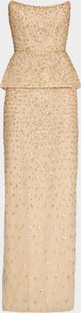 Monique Lhuillier Strapless Embellished Tulle Peplum Column Gown
