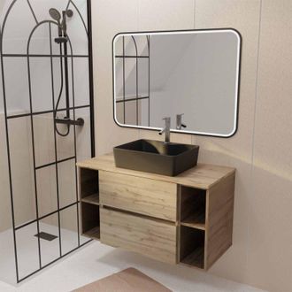 Aurlane Aurlane - Mueble De Ba&ntilde;o 100 Efecto Roble Lavabo Negro Rectangular Espejo Led Negro