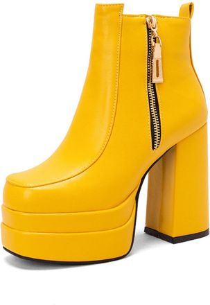 Generic Womens Ankle Platform Block Heel Boots Square Toe Faux Leather Side Zipper Slip On Bold Color Sleek Style Comfortable For Daily Casual,Yellow,3.5 UK