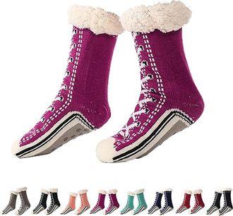 Generic Ultra-Thick Cashmere Slipper Socks for Women, Home Non-slip Soft Cozy Fleece, Winter Warm Fluffy Christmas Sock with Grippers (Purple)